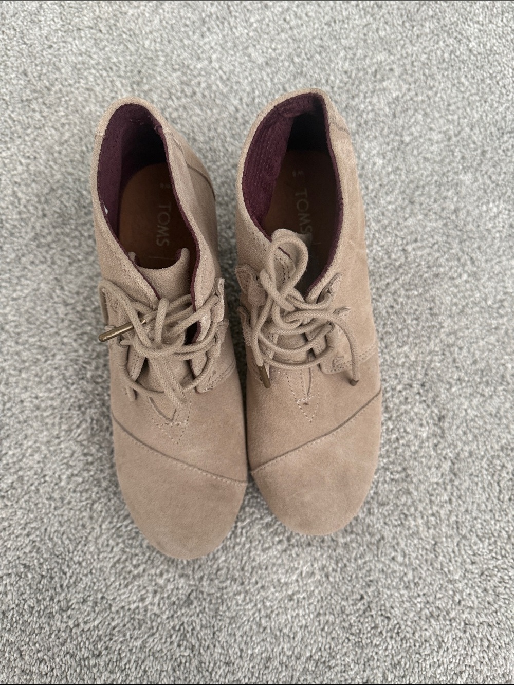 Toms Taupe Suede Lace-Up Wedge Booties